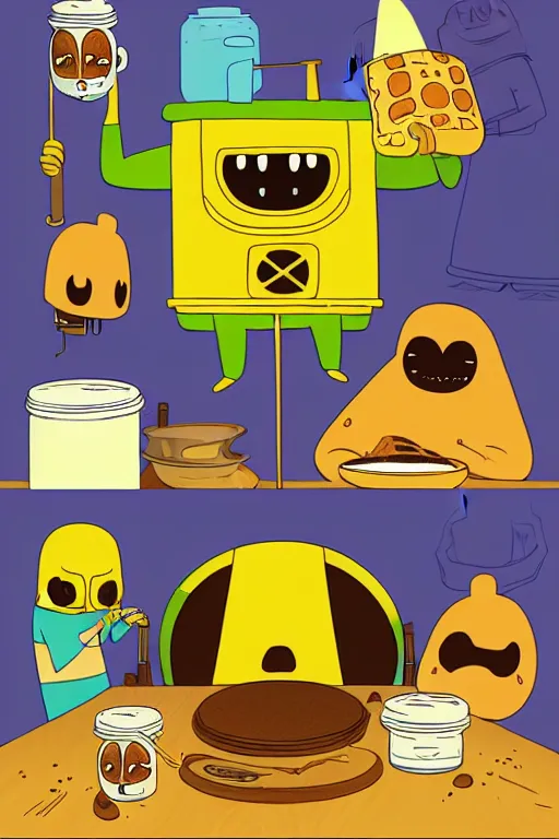 Image similar to mf doom making pancakes in style of adventure time, animation pixar style, by pendleton ward, magali villeneuve, artgerm, rob rey and kentaro miura style, golden ratio, trending on art station