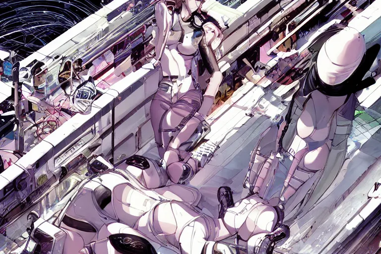 Prompt: a finely composed cyberpunk illustration of a group of white female androids' in style of hajime sorayama, lying scattered over an abstract, empty, white floor, by masamune shirow and katsuhiro otomo, hyper-detailed, colorful, view from above, wide angle, close up, spacious