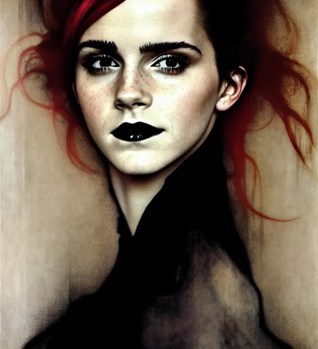 Prompt: emma watson stunning portrait of highly details androgynous ruby rose as desire from sandman, rockabilly style, white suit and black tie,, by egon shiele and alphonse mucha, with influence of jeremy mann, peter lindbergh, dave mckean, maurice sapiro, and frank moth, soft lightning, highly detailed, 8 k