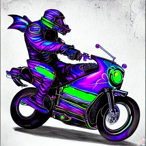 Image similar to psychedelic colorful blacklight airbrush artwork, motorcycle, stylized action shot of an orc biker riding a motorcycle, menacing orc, drifting, skidding, wheelie, clear focused details, soft airbrushed artwork, black background, cgsociety, artstation