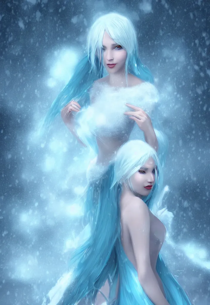 Image similar to a stunningly beautiful woman with pale blue hair wearing a dress made out of snowflake in the middle of a snowstorm. award - winning digital art, trending on artstation