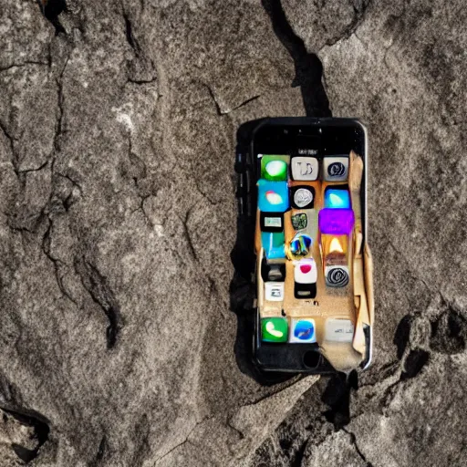 Prompt: fossilized iphone discovered in cliff face