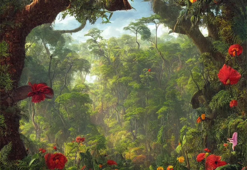 Prompt: a detailed botanical landscape painting during the time of the dinosaurs in the forest jungle, painting by martin johnson heade and simon stalenhag, colorful wild flowers, brontosaurus head emerging from the top of the trees, rainforest weather