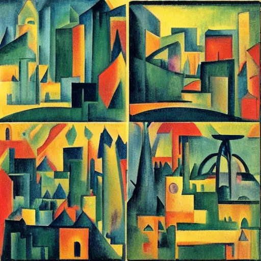 Image similar to forest green funereal by andre lhote. collage. a cityscape. the different colors & shapes represent different parts of the city.