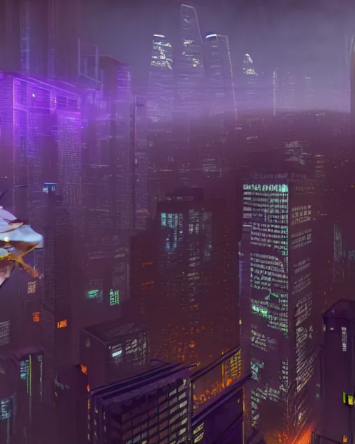 Image similar to cyberpunk scifi scene of san franscisco at night, aerial view, craft flying by, artstation, matt painting, very detailed, maximalism, ambient occlusion, volumetric light, atmospheric haze, unreal engine, hyper realism, realistic shading, cinematic composition, realistic render, octane render, detailed textures, photorealistic, wide shot