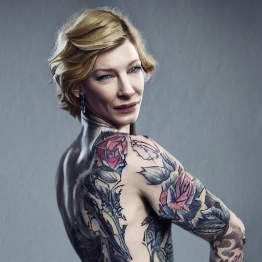 Image similar to full body tattooed cate blanchett, highly detailed, photorealistic, 4k