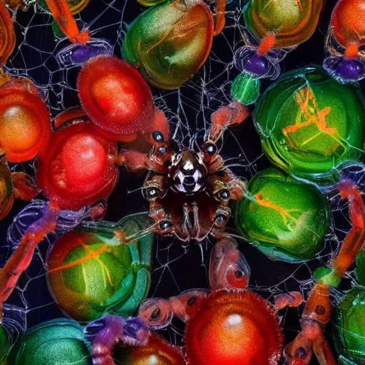 Image similar to high quality close-up photo translucent gelatinous spiders! gorgeous highly detailed hannah yata elson peter cinematic orange lighting high quality low angle hd 8k sharp shallow depth of field