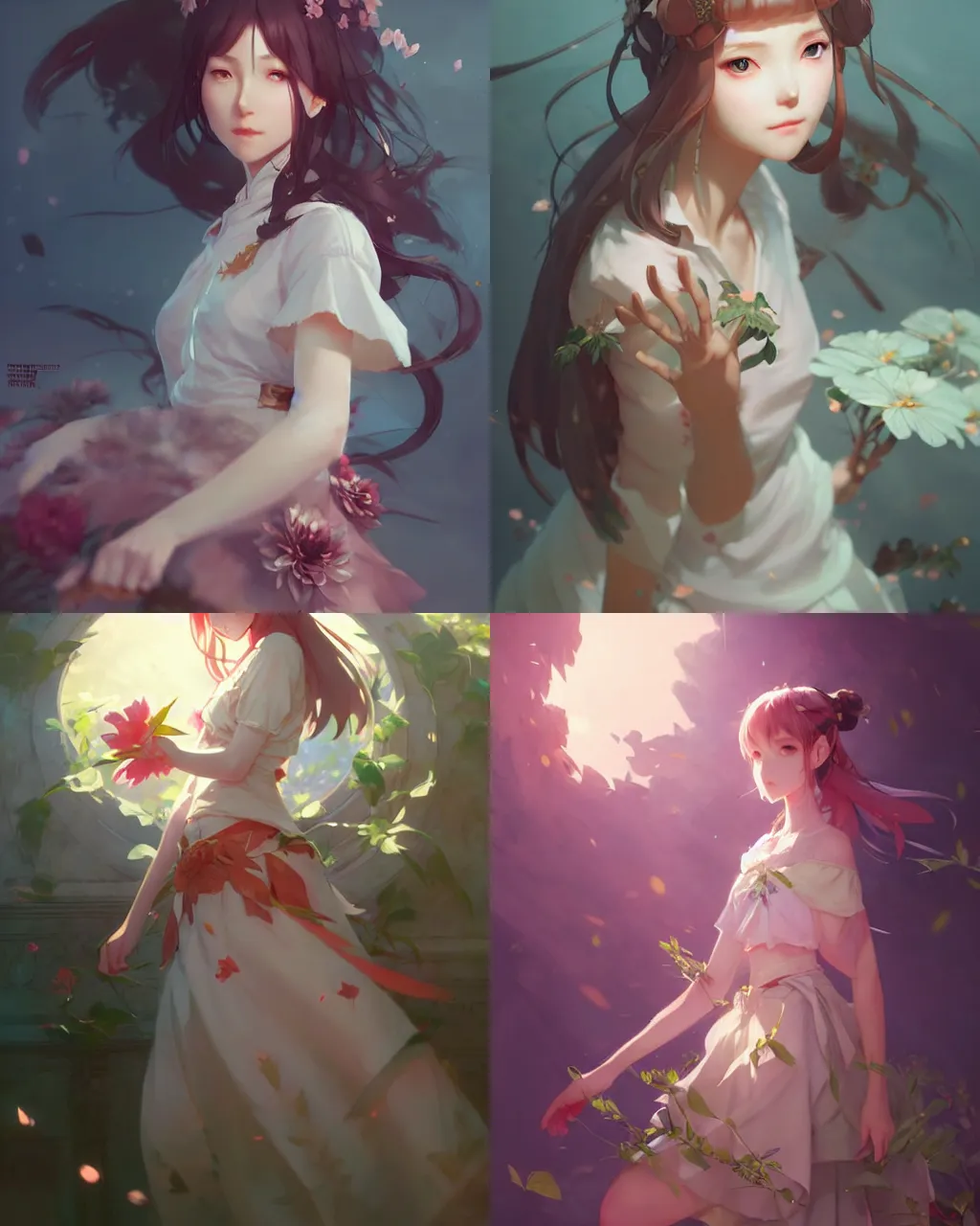 Prompt: a girl with ping skirt, flower decoration on the background, a beautiful half body illustration, top lighting, perfect shadow, soft painting, art by hidari and krenz cushart and wenjun lin