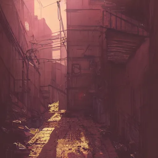 Prompt: a dirty alleyway at sunset, dramatic lighting, illustration by Greg rutkowski, yoji shinkawa, 4k, golden hour, digital art, concept art, trending on artstation