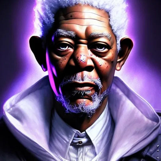 Image similar to portrait painting of a cyberpunk elven morgan freeman wearing a white and purple suit, ultra realistic, concept art, intricate details, eerie, highly detailed, photorealistic, octane render, 8 k, unreal engine. art by artgerm and greg rutkowski and charlie bowater and magali villeneuve and alphonse mucha