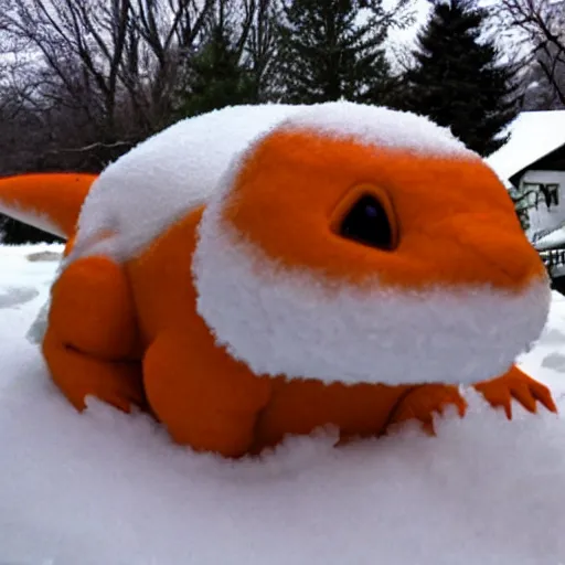 Prompt: white charmander made of snow photography