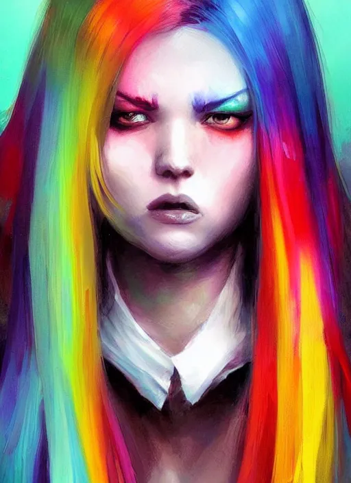 Image similar to a young woman with beautiful rainbow hair. she looks very angry. beautiful painting by artgerm and greg rutkowski