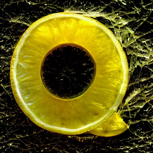 Prompt: iris of an eye that looks like lemon slices, photography