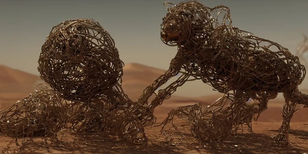 Prompt: A George Miller film shot, an ornate real characters made out of intricate metallic filament webs with cutaways to see into the Endocrine system built out of dust and light, floating in the desert night, photo-realism, very detailed feel, rendered in Octane, tiny points of light, caustic, 4k, beautiful lighting, backlit