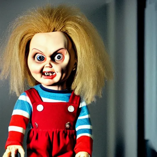 Prompt: female chucky the killer doll standing in the room