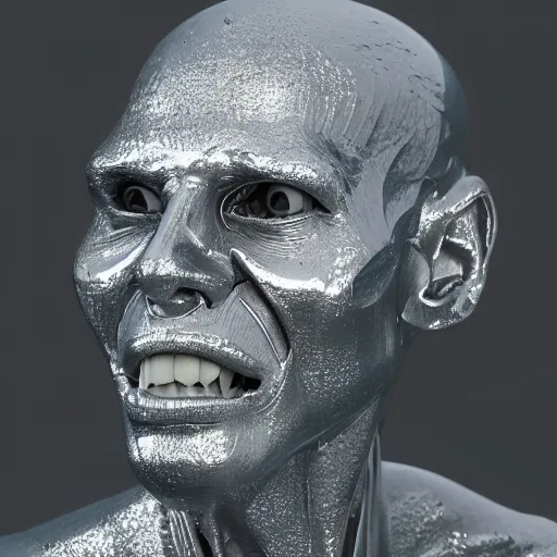 Image similar to 3 d render melted humanoid, sculpture, chrometype, liquid metal, neotribal, raytraced, volumetric lightning, 8 k by wlop, innate studio h - 1 0 0 0 w - 1 0 0 0