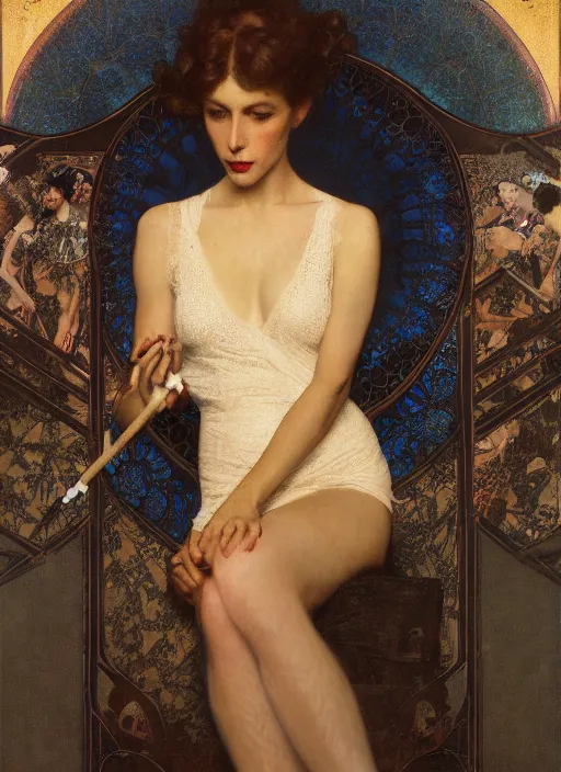 Prompt: a romantic photo of a woman in a dark room wearing lace smoking a cigarette advertisement photography by mucha, nick alm, norman rockwell, greg rutkowski, greg manchess, fashion model, candlelight, pagan, extremely coherent, sharp focus, elegant, sharp features, render, octane, detailed, award winning photography, masterpiece, rim lit