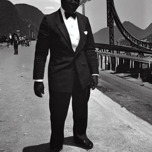 Prompt: vintage photo of a black man wearing a black suit in rio de janeiro