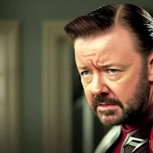 Prompt: a film still of ricky gervais as captain america