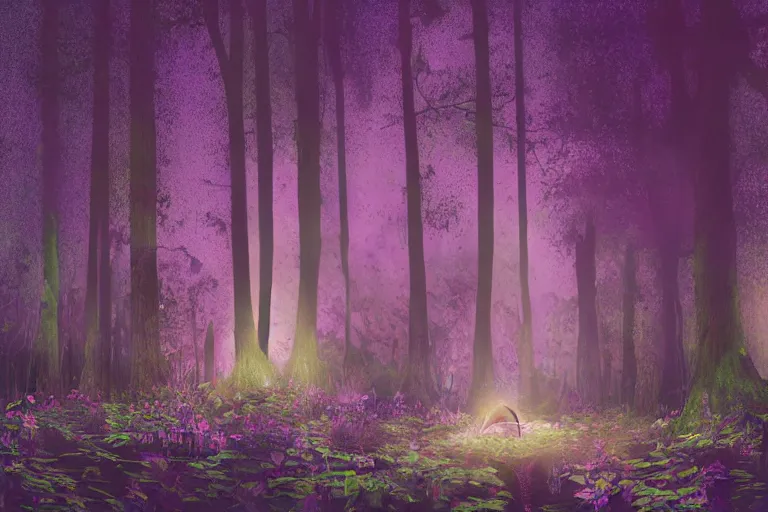 Image similar to Kurt Cobain stands in ancient magical forest, tall purple and pink trees, moonlit, winding path lined with bioluminescent mushrooms, fireflies, pale blue fog, mysterious, eyes in the trees, cinematic lighting, photorealism