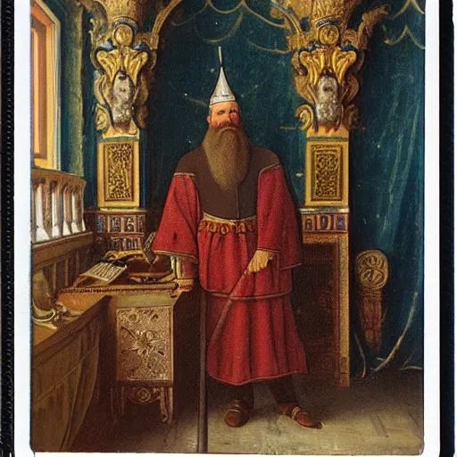 Prompt: Ivan the Terrible in his palace in Moscow and working on a MacBook Pro, high detail, Polaroid , old photo width 768