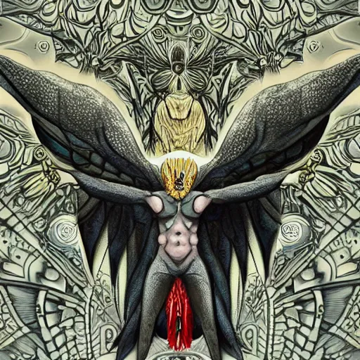 Prompt: 4K headshot of godlike mothman with defined arms and open hands and bloody clothes with giant mandala wings , intricate face , flawless anime cel animation by Kentaro Miura, psychedelic , highly detailed upper body , professionally post-processed , beautiful, scary, symmetry accurate features, epic, octane rendered, anime masterpiece, accurate