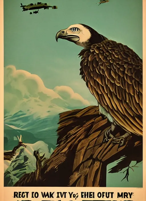 Image similar to vulture look in 1940s propaganda poster, full hd