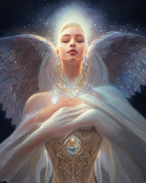 Prompt: close up portrait of a beautiful cosmic angel, fantasy, intricate, elegant, highly detailed, digital painting, artstation, concept art, smooth, sharp focus, illustration, by artgerm and greg rutkowski