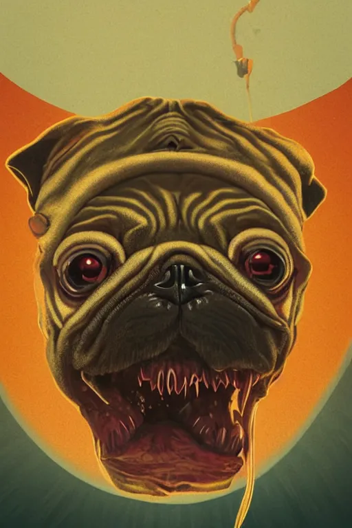 Image similar to demon pug eating flesh. art by mike winkelmann, sticker, illustration, highly detailed,