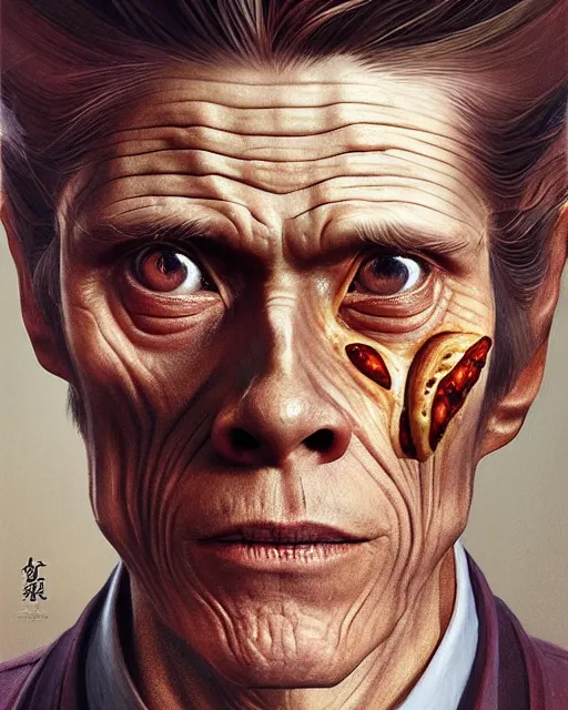 Prompt: portrait of willem dafoe looking at pizza, upper half portrait, decorated with chinese opera motifs, asian, bian lian, traditional chinese art, intricate, elegant, highly detailed, symmetry, digital painting, artstation, concept art, smooth, sharp focus, illustration, art by artgerm and greg rutkowski and alphonse mucha, 8 k