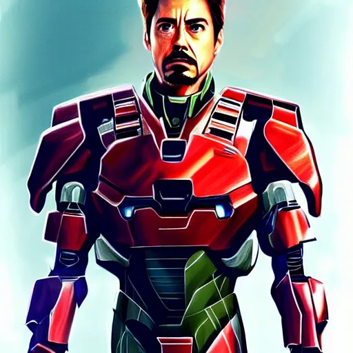 Image similar to A combination of Robert Downey Jr's and Tony Stark's and Tom Cruise's appearances with blonde hair wearing Master Chief's armor from Halo, high tech, action shot, angular, full body portrait, futuristic, dramatic, fantasy, intricate, elegant, highly detailed, digital painting, artstation, concept art, matte, sharp focus, illustration, 8K, art by Donato Giancola and James Gurney