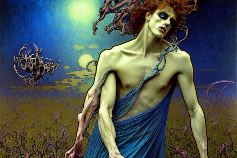 Image similar to realistic detailed portrait painting of a beautiful male zombie, nightly graveyard landscape background by Jean Delville, Amano, Yves Tanguy, Alphonse Mucha, Ernst Haeckel, Edward Robert Hughes, Roger Dean, masterpiece, cinematic composition, dramatic pose, 4k details, rich moody colours, blue eyes