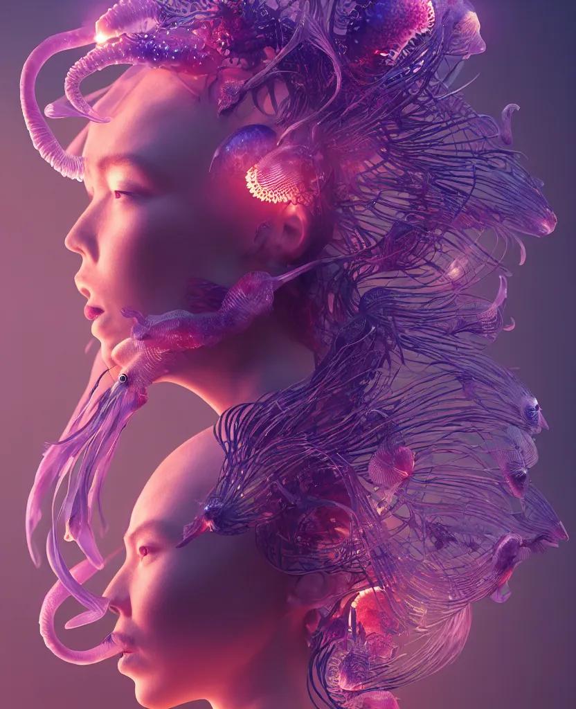 Image similar to goddess close-up portrait. orchid jellyfish phoenix head, nautilus, skull, betta fish, bioluminiscent creatures, intricate artwork by Tooth Wu and wlop and beeple. octane render, trending on artstation, greg rutkowski very coherent symmetrical artwork. cinematic, hyper realism, high detail, octane render, 8k