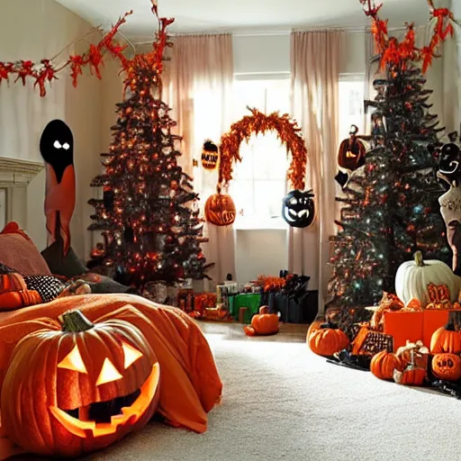 Image similar to homemade halloween themed christmas bedroom ideas, high resolution, creative, visually appealling