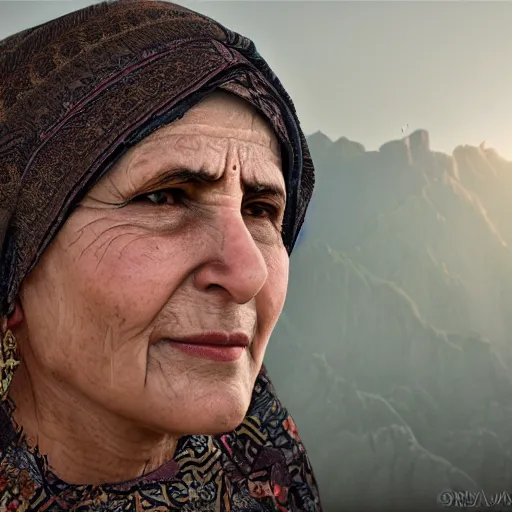 Image similar to hyperrealistic mixed media high resolution image of a beautiful Kurdish grandmother, stunning 3d render inspired art by István Sándorfi and Greg Rutkowski and Unreal Engine, perfect symmetry, dim volumetric lighting, 8k octane beautifully detailed render, post-processing, extremely hyper-detailed, intricate, epic composition, highly detailed attributes, highly detailed atmosphere, full body shot, cinematic lighting, masterpiece, trending on artstation, very very detailed, masterpiece, stunning, flawless structure, lifelike texture, perfection,