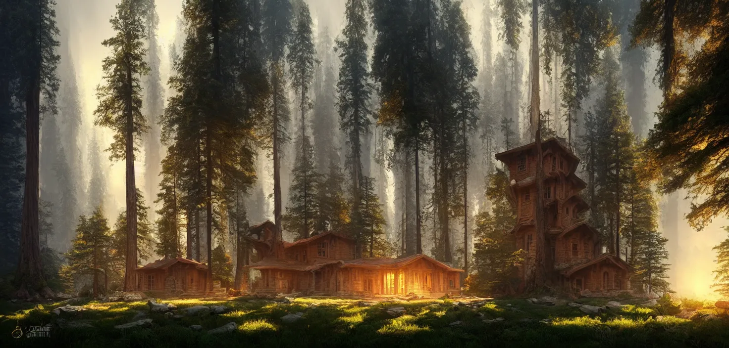 Prompt: random mystic house in sequoia forest incredible, vector art, octane render, fabulous, hyper detailed, random cinematic view, no noise, global illumination, warm lighting, volumetric, godrays, vivid, beautiful, by jordan grimmer