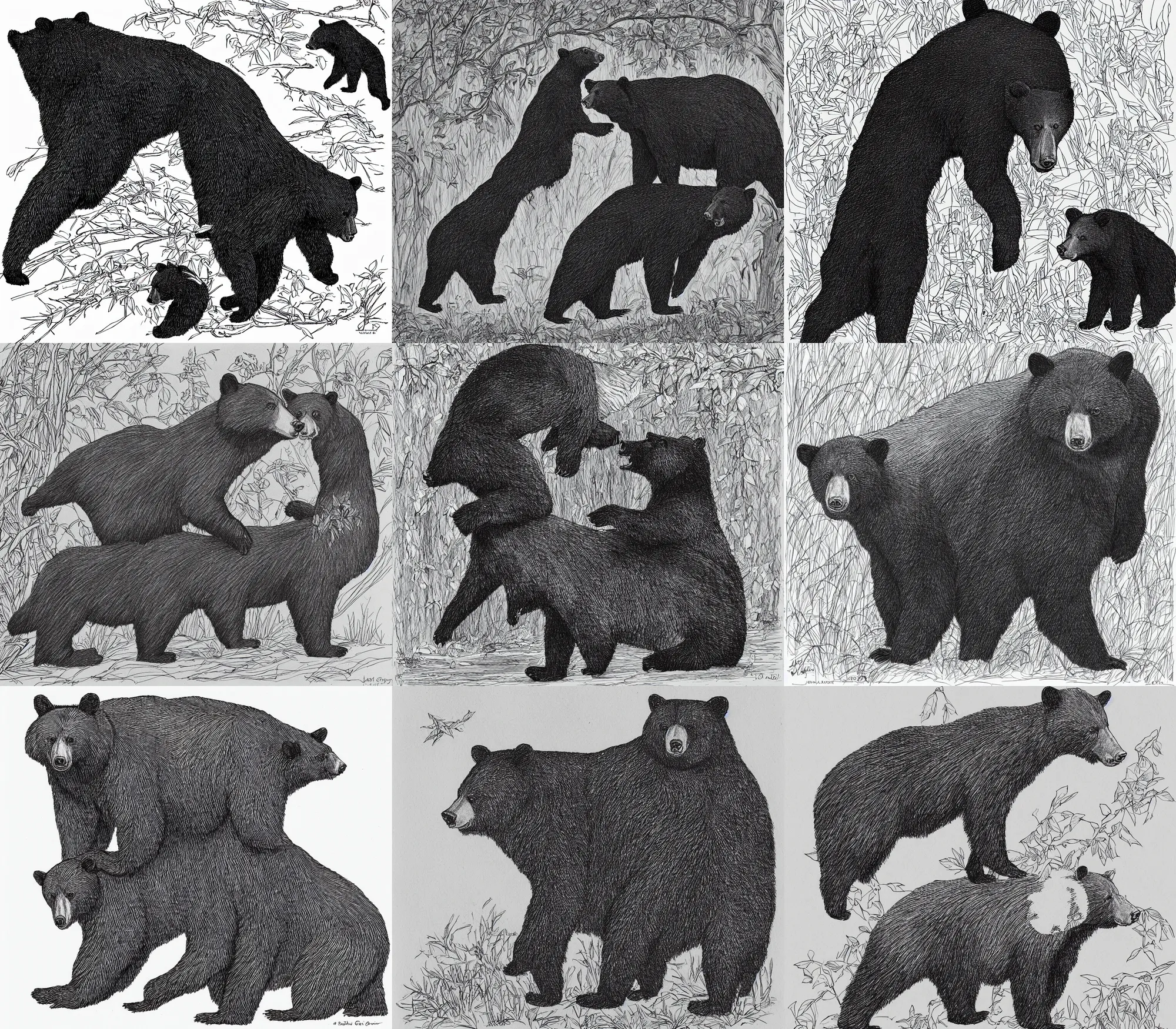 Prompt: black bear in an opening, by John Gould , black and white, line art, pen & ink drawing, character concept