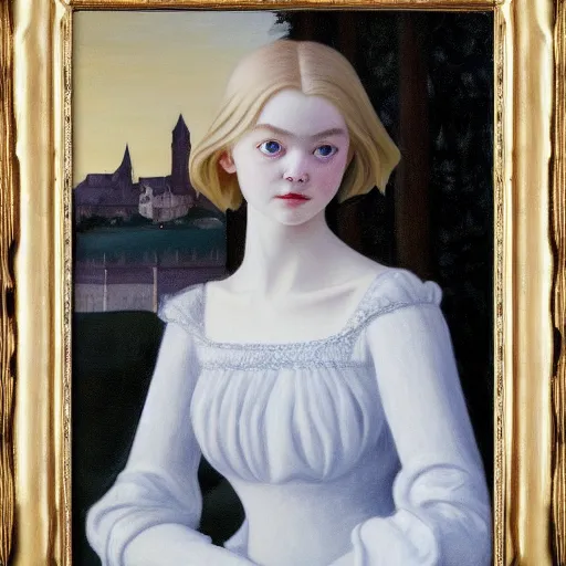 Image similar to Painting of Elle Fanning in medieval France, long blonde hair, delicate, pale milky white porcelain skin, by Edward Hopper. 8K. Extremely detailed.