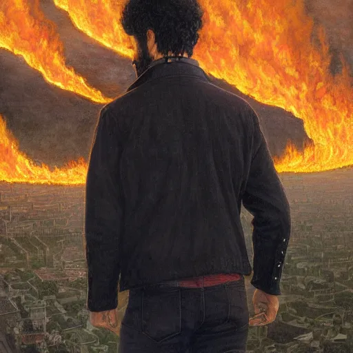 Image similar to a man with black hair and beard, wearing a black jacket and jeans, looking at a burning village in the distance, highly detailed painting by donato giancola and bayard wu, 8 k, digital art