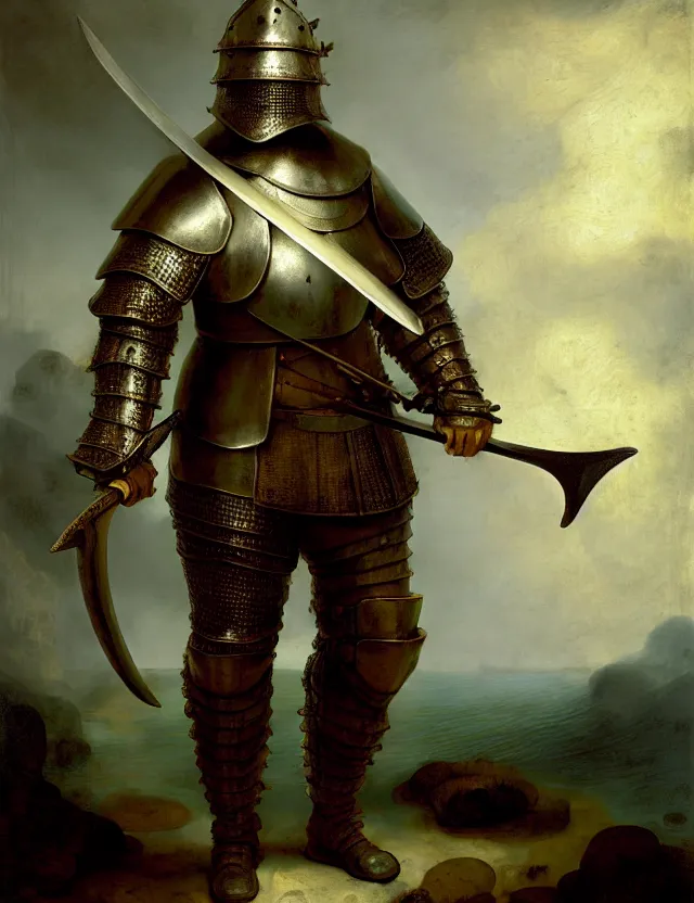 Prompt: anthropomorphic bipedal trout fish that is wearing full steel plate armor, and holding a colossal sword in his hand, as a matte oil painting and d & d character art, by rembrandt, standing, fullbody, floating bubbles, sea foam, ocean spray, award - winning, extremely detailed, sharp focus