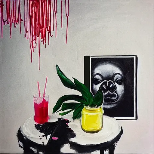 Image similar to “ a portrait in a female art student ’ s apartment, sensual, a pig theme, art supplies, paint tubes, ikebana, herbs, a candle dripping white wax, black walls, squashed berries, berry juice drips, acrylic and spray paint and oilstick on canvas, surrealism, neoexpressionism ”