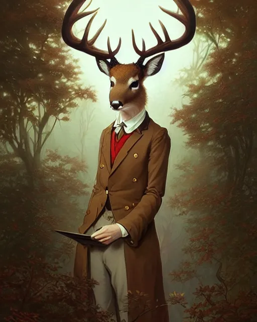 Image similar to anthropomorphic art of a scientist deer, victorian inspired clothing by artgerm, krenz cushart, victo ngai, ryohei hase, artstation. leaves, paper. highly detailed digital painting, smooth, global illumination, fantasy art by greg rutkowsky, karl spitzweg