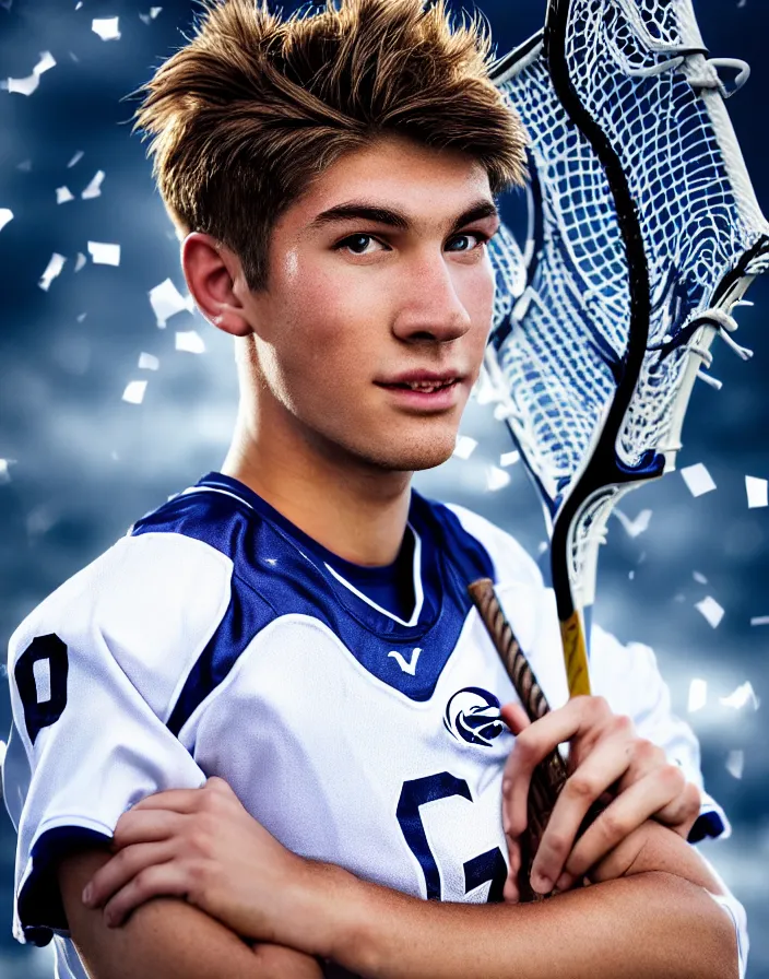 Image similar to closeup portrait of very beautiful cute male lacrosse player in a penn state stadium, glamour pose, particle effects, backlit, highly detailed, soft ambient lighting, sharp focus, rule of thirds, artgerm, wlop, arney freytag, rossdraws, frank frazetta, andrei riabovitchev, hd, octane, 4 k