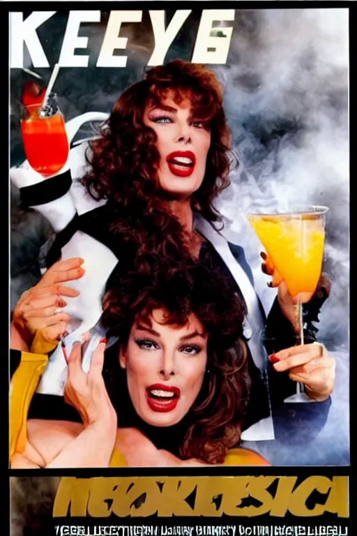 Prompt: kelly lebrock eats gourmet dinner, molecular gastronomy, in the style of 8 0 s movie poster artwork, fog, lasers, cocktails