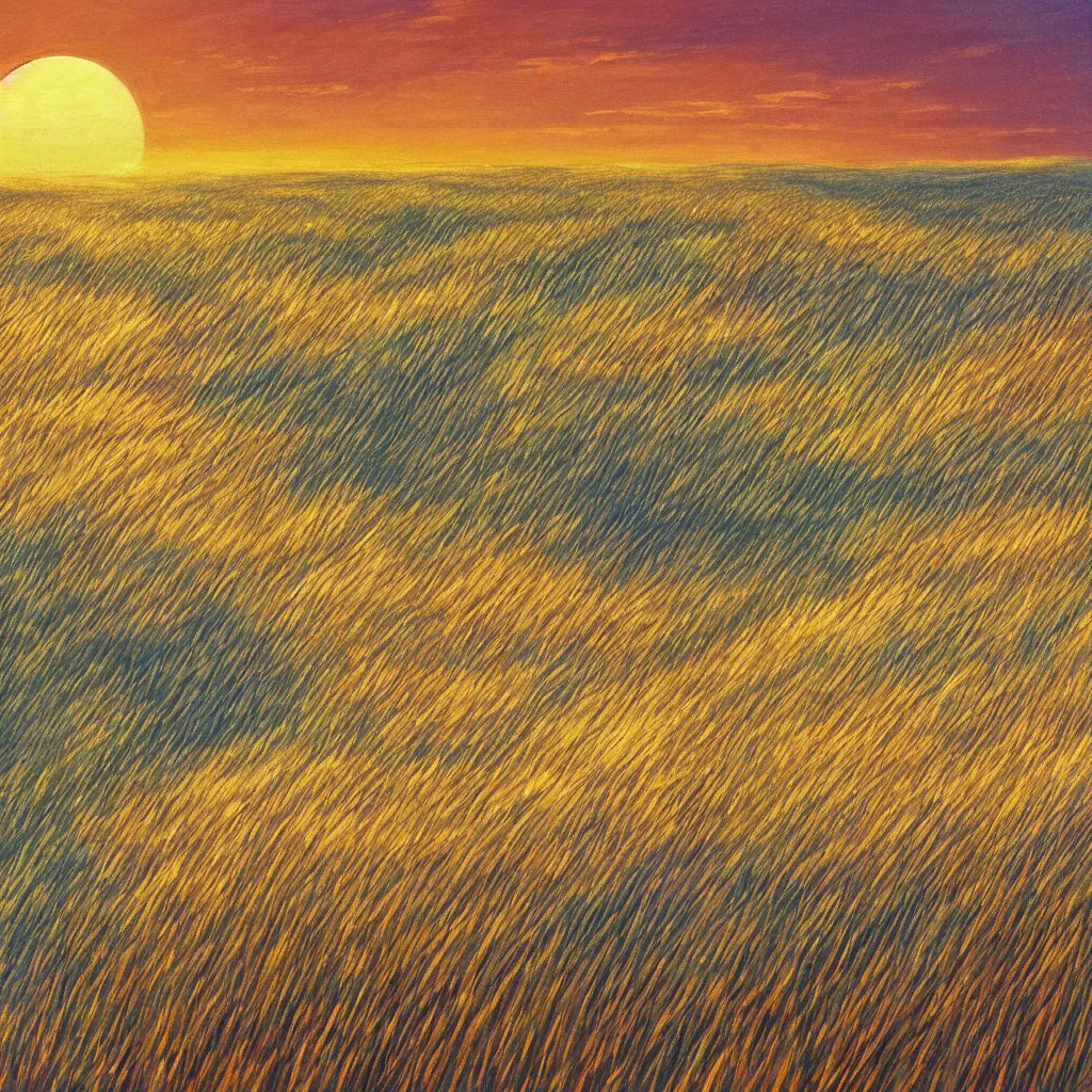 Image similar to sharp focus, breath taking beautiful, Aesthetically pleasing, gouache field of grain at golden hour, digital concept art background by Hayao Miyazaki and Studio Ghibli, fine art, official media, high definition, illustration, ambient lighting, HDR, HD, UHD, 4K, 8K, cinematic, high quality scan, award winning, trending, featured, masterful, dynamic, energetic, lively, elegant, intricate, complex, highly detailed, Richly textured, Rich vivid Color, masterpiece.