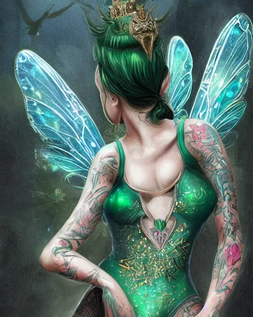 Prompt: a close - up of beautiful tattooed fairy wearing a magical emerald leotard with the disney castle in the background, hyper realistic face, green eyes, fantasy art, in the style of greg rutkowski, illustration, epic, fantasy, intricate, hyper detailed, artstation, concept art, smooth, sharp focus, vibrant