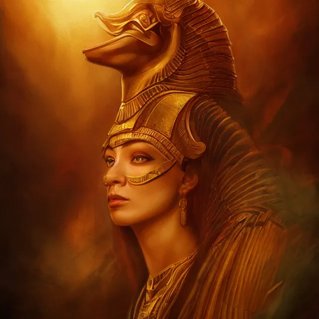 Image similar to majestic gracious egyptian god ra portrait, atmospheric lighting, painted, menacing, intricate, volumetric lighting, beautiful, rich deep colours masterpiece, golden hour, sharp focus, ultra detailed, by leesha hannigan, ross tran, thierry doizon, kai carpenter, ignacio fernandez rios