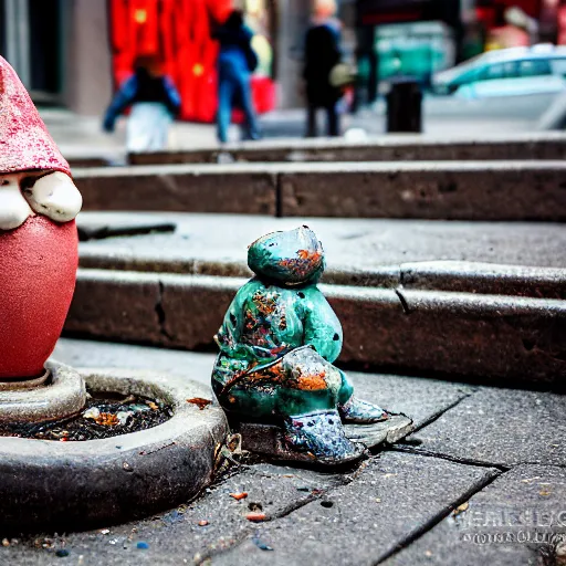 Prompt: street photograph of a broken ceramic garden gnome in new york city on a busy day. 8k resolution.