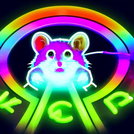 Image similar to cyberpunk hamster holding rainbow gem crystal, neon lights, light reflection, 8 k, hd
