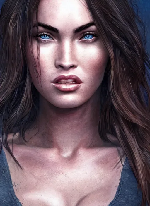 Image similar to megan fox, au naturel, hyper detailed, digital art, trending in artstation, cinematic lighting, studio quality, smooth render, unreal engine 5 rendered, octane rendered